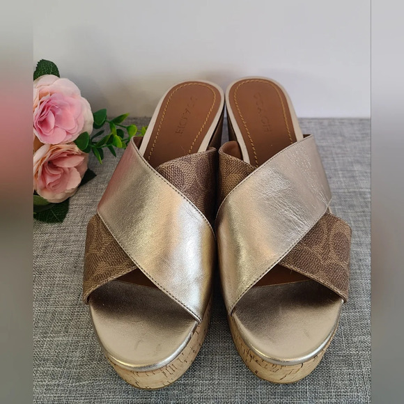 Coach Shoes - Coach Espadrilles size 10B Cork Wedge Slide Sandals‎ Logo Cross Band  Beige Gold
